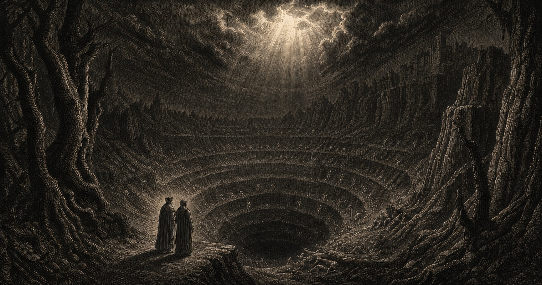 Dante and Virgil overlooking the circles of Hell in an engraved panorama