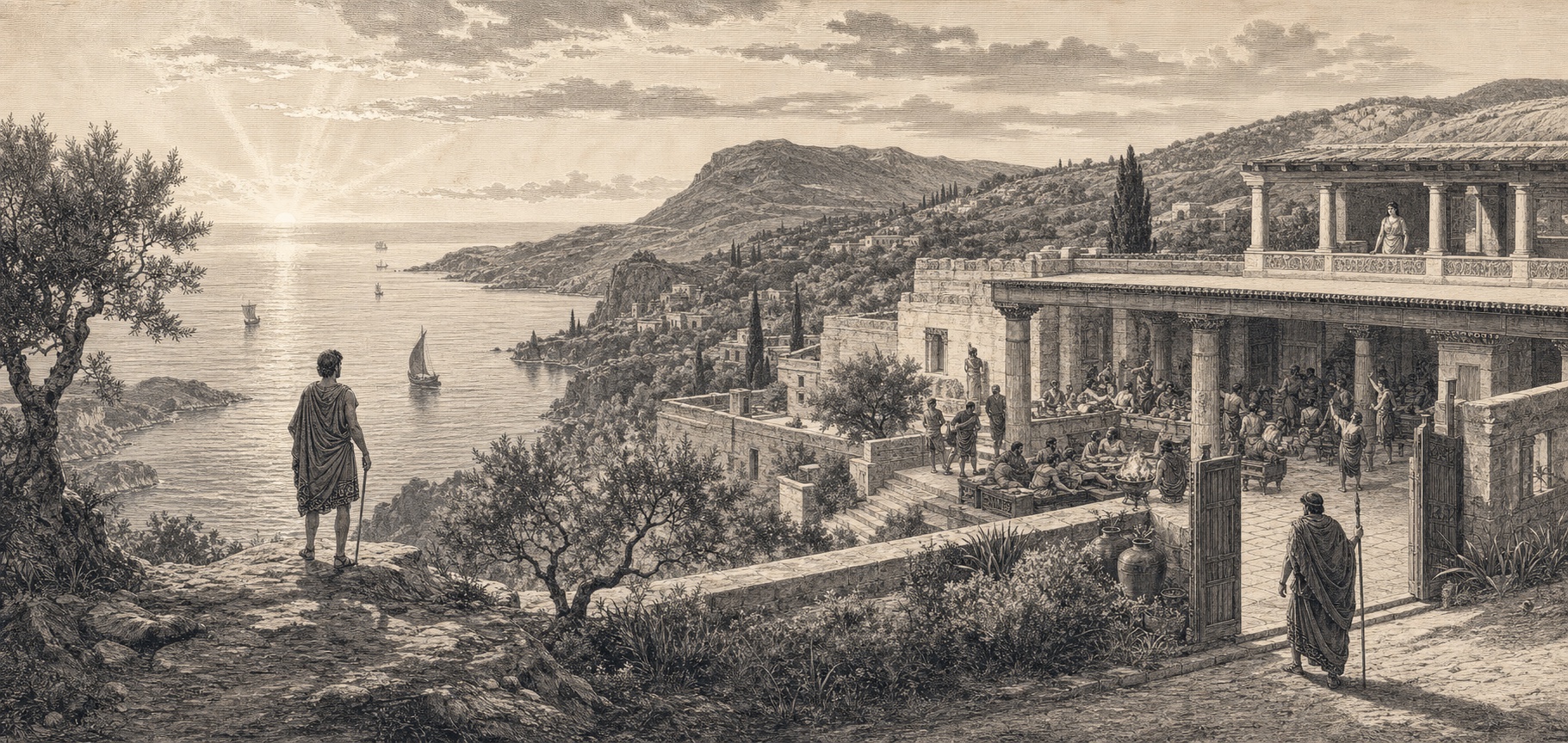 The Odyssey — Telemachus and Athena overlooking Ithaca in an engraved panorama