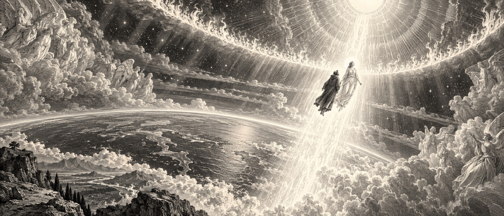 Paradiso — Dante and Beatrice rising from Earth into the celestial spheres