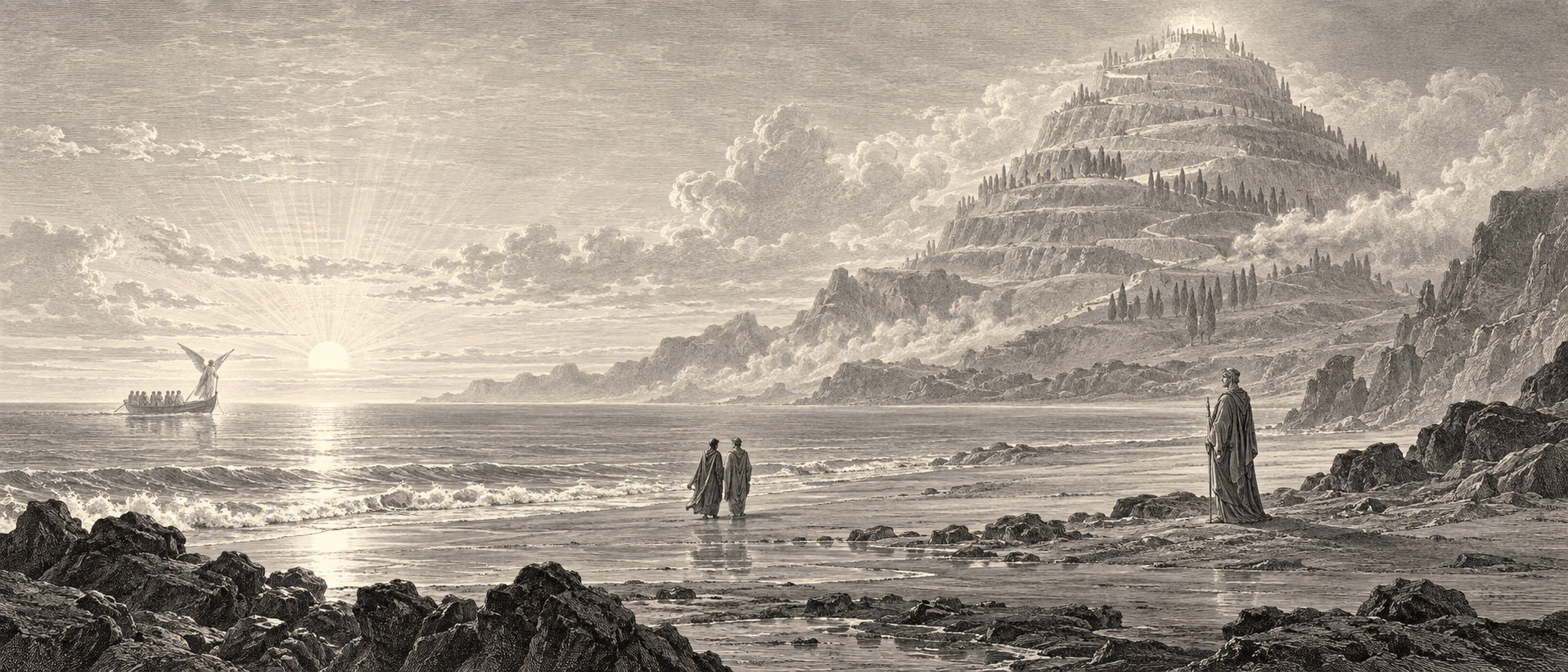 Purgatorio — Dante and Virgil on the shore beneath Mount Purgatory